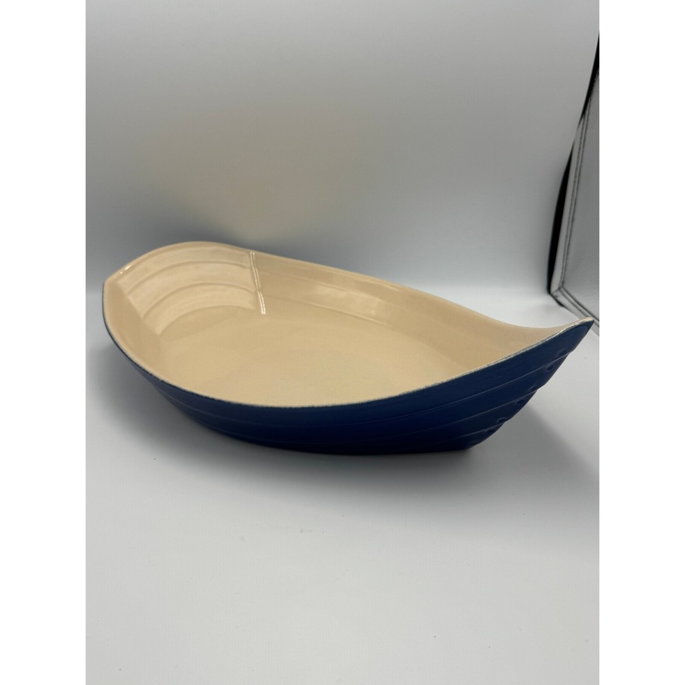 Appolia France Ceramic Boat Serving Dish Blue Beige Nautical Bowl 16" Stoneware